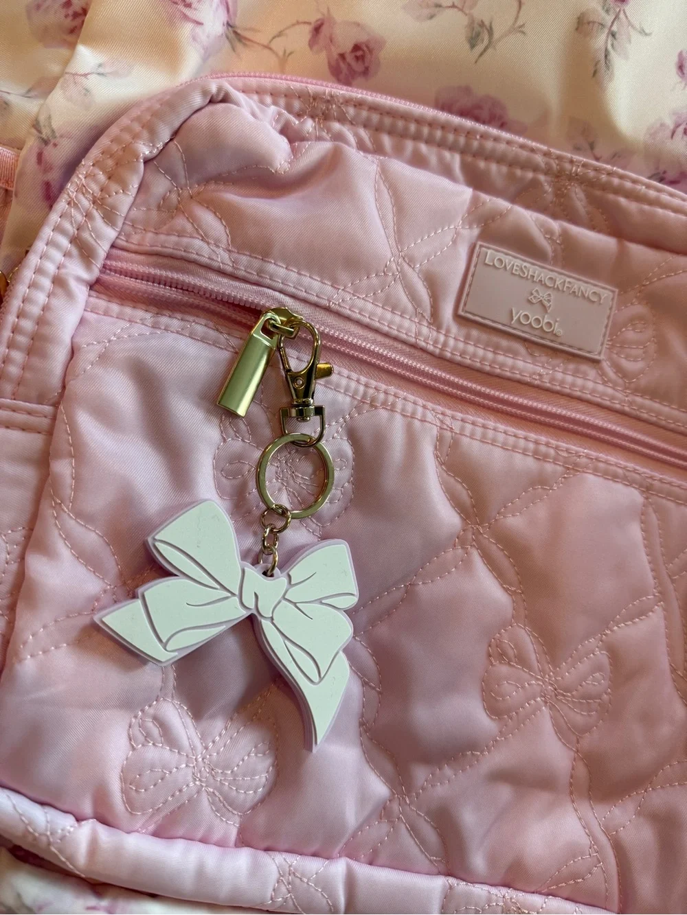 LoveShackFancy x Target Light Pink Floral Quilted Kids Backpack w/Bow Keychain